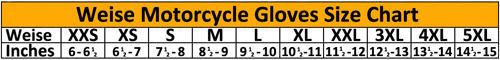 Weise Motorcycle Gloves Sizing Chart